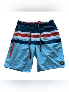 ZeroXposur Light & Navy Blue Striped Swim Trunks with Red Zip Accent
